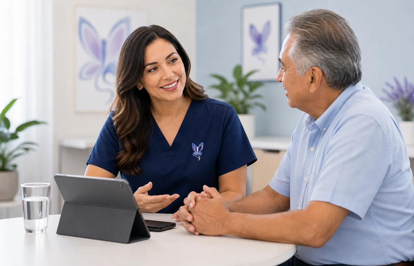 Clinician speaking with an older adult patient at a table