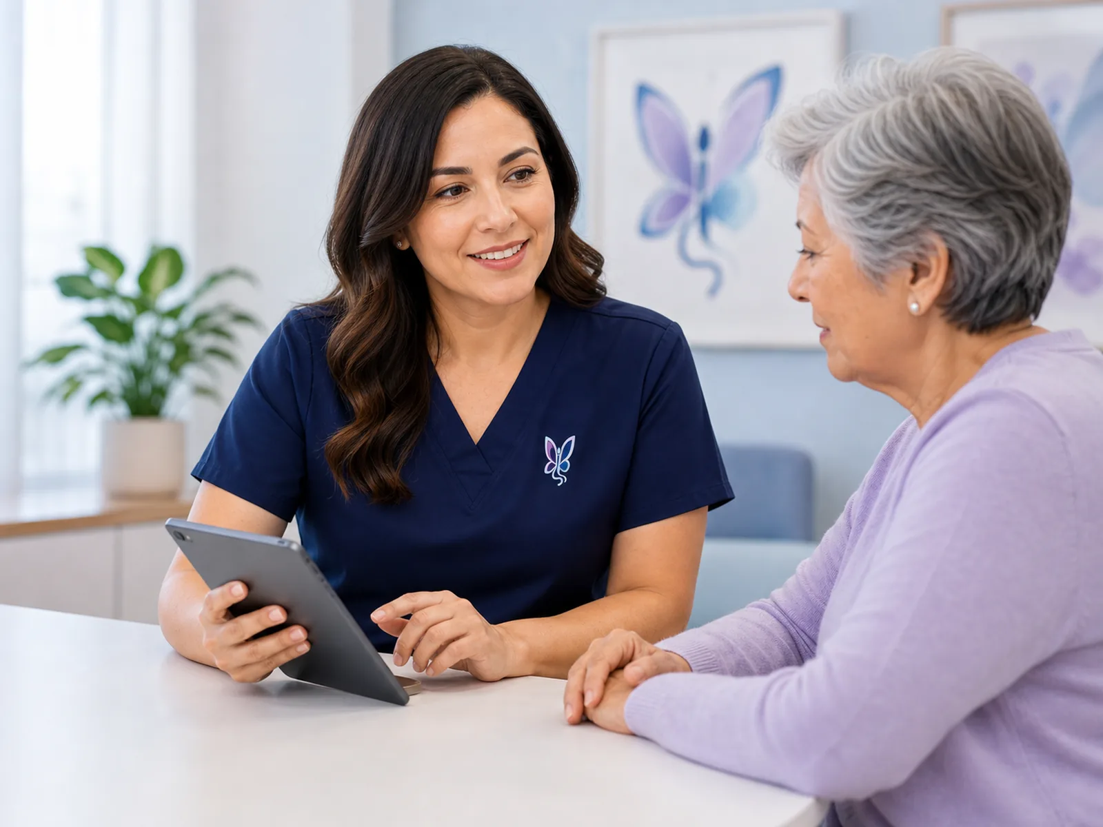 Clinician reviewing swallowing care with an older adult patient